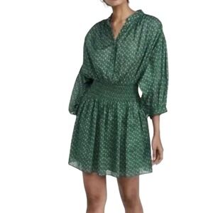 NWT $275 Rebecca Taylor Green Ikat Floral Mini Shirt Dress MEDIUM Smocked Waist